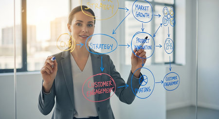 business, education, people and technology concept - smiling businesswoman drawing business strategy on virtual screen in officeの素材