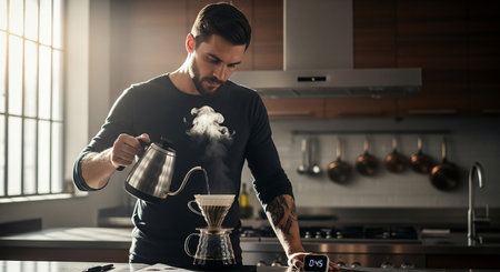 Handsome young man is preparing coffee in the kitchen at home.の素材