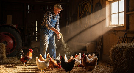 Farmer sprinkling flour on chickens in the barn. Agriculture conceptの素材