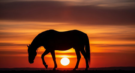 Silhouette of a horse at sunset in the wild nature.の素材