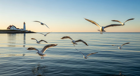 Seagulls flying over the lighthouse in the Baltic Sea.の素材