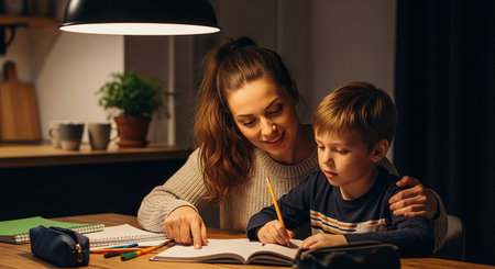 mother helping son to do homework at table at home during self isolationの素材
