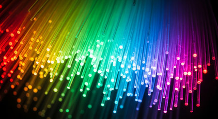 Fiber optical network cable close-up. Computer technology background.の素材