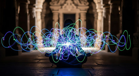 Woman meditating in lotus position with glowing energy lines around herの素材