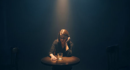 Young woman sitting at a table with a glass of whiskey and talking on the phoneの素材