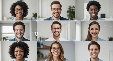 collage of smiling multicultural business people in eyeglasses looking at cameraの素材