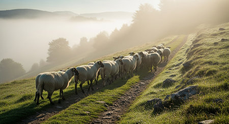 Flock of sheep in the foggy meadow at sunrise.の素材