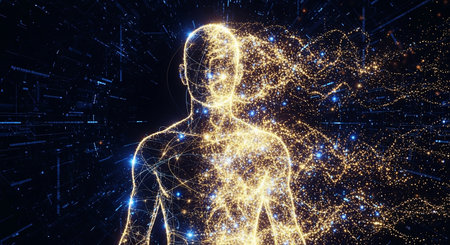 3D rendering of a human body made of luminous particles.の素材