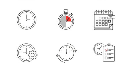 Time management icons set. Clock, stopwatch, calendar, gear, stopwatch, time management. Vector illustrationの素材