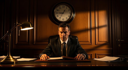 Lawyer working at his desk with a clock in the background.の素材