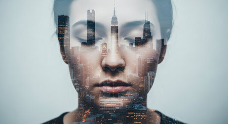 Double exposure of young businesswoman and modern city. Concept of successの素材