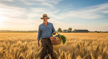 Farmer holding a basket of freshly harvested vegetables in a wheat fieldの素材