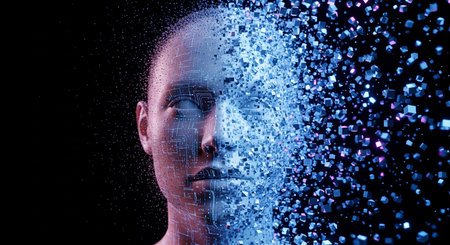 3D rendering of a cyborg head with digital particles on black backgroundの素材