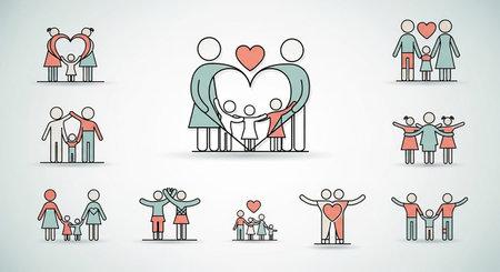 Family icons set in line art style. Vector illustration for your designの素材
