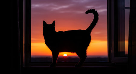 Silhouette of cat standing on the windowsill at sunset.の素材
