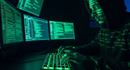 Hacker in hood stealing data from computer. Cybercrime concept.の素材