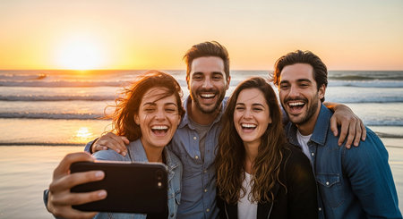 Group of friends taking a selfie on the beach at sunset - Multiracial group of friends having fun togetherの素材