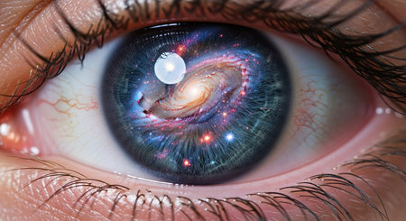 A close-up of a woman's eye with a galaxy in the background.の素材
