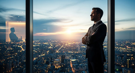 Confident businessman standing in office and looking at the city at sunsetの素材