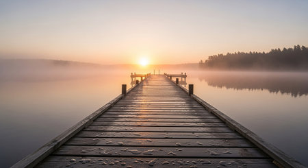 Wooden pier on a foggy lake at sunrise in the morningの素材