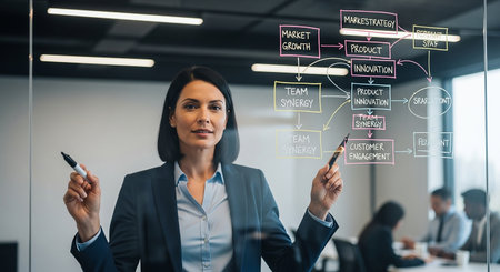 selective focus of businesswoman holding marker and drawing business strategy in officeの素材