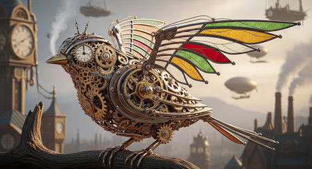 Fantasy illustration of a bird in the steampunk world. 3D renderingの素材
