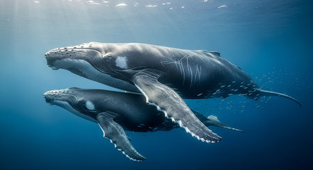 Humpback whales in the blue ocean. 3d illustration.の素材