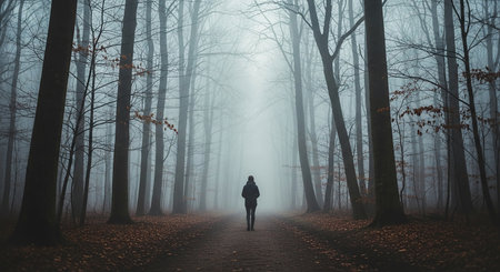 Woman walking in a foggy forest with fallen leaves on the groundの素材