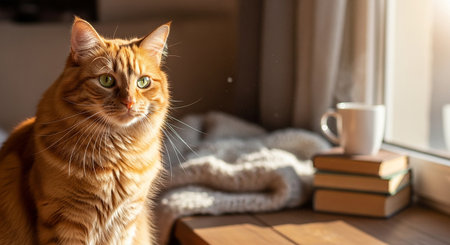Cute ginger cat sitting on the windowsill with books and a cup of coffeeの素材