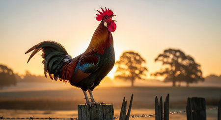 Colorful rooster on a fence in the morning light, South Australiaの素材