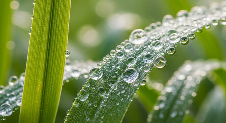 Green grass with dew drops close-up. Nature background.の素材