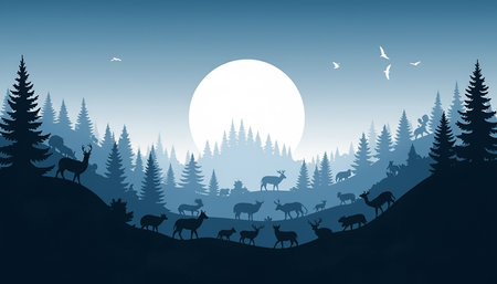 Silhouette of deer in the forest at night. Vector illustration.の素材