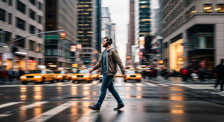 Businessman walking on a busy street in Manhattan, New York City.の素材