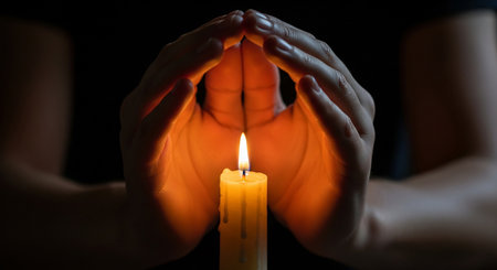 Woman hands holding a candle in the dark, close-up.の素材