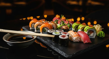 Sushi set on black stone plate with soy sauce and chopsticksの素材