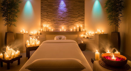 Spa massage room with candles and a bed in a modern styleの素材
