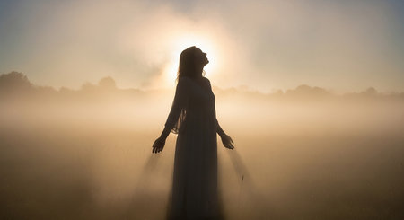 Silhouette of a girl in a white dress on a background of fog.の素材