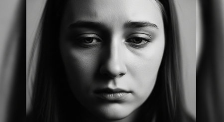 Close-up portrait of a beautiful girl in a dark room.の素材