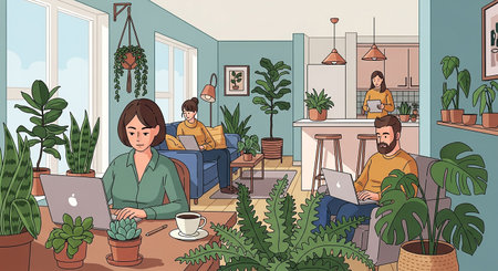 People working at home with laptops and plants. Vector illustration in cartoon style.の素材