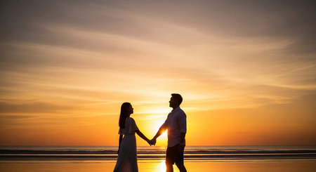 Silhouette of a young couple holding hands on the beach at sunsetの素材