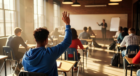 Back view of african-american male student raising hand in classroomの素材