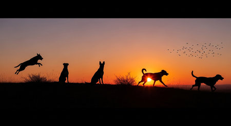 Silhouette of a group of dogs on the sunset background.の素材