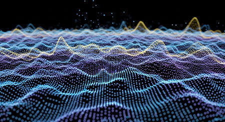 Data technology abstract futuristic illustration. Low poly shape with connecting dots and lines on dark background. 3D rendering. Big data visualization.の素材
