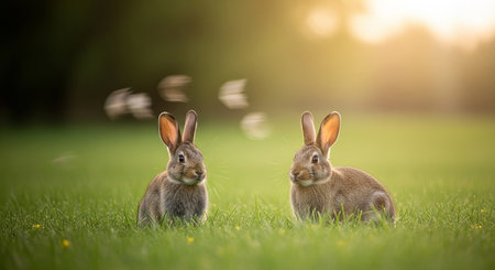 Rabbits on a green meadow in the morning light.の素材