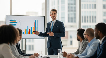 businessman presenting data on whiteboard to colleagues during meeting in officeの素材