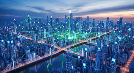 Smart city with wireless communication network and internet of things (IoT). Concept of 5G wireless digital connection and internet of things future.の素材
