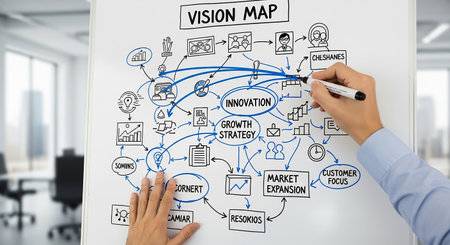 Close-up of businesswoman drawing business strategy plan on whiteboardの素材