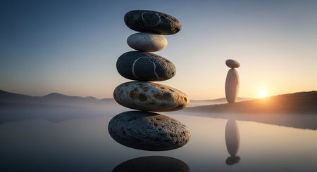Zen stones balancing on the lake at sunrise. 3d illustration.の素材