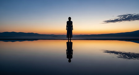 Silhouette of a woman standing on the edge of a salt lake at sunsetの素材