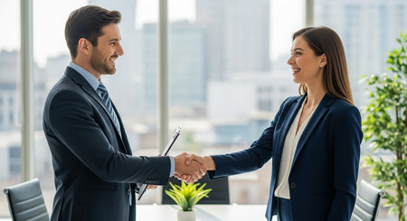 Businessman and businesswoman shaking hands in modern office. Successful business people.の素材